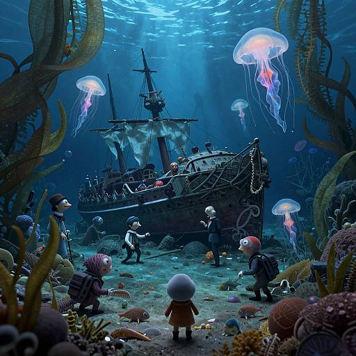 Digital artwork: Underwater scene with miniature soldiers exploring a sunken pirate ship surrounded by jellyfish, corals, and seaweed, illuminated by blue