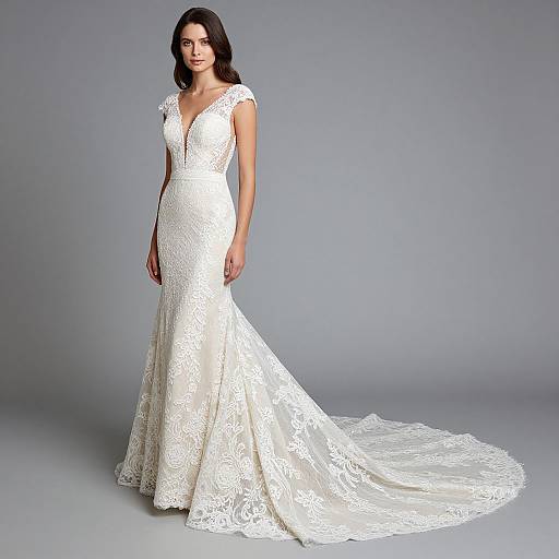 Photograph of a fair-skinned woman with dark brown hair wearing a white, lace, V-neck, sleeveless, mermaid-style wedding gown with