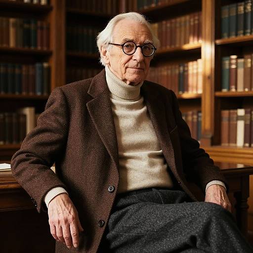 Photograph of an elderly white man with white hair, glasses, wearing a brown blazer, white turtleneck, and dark pants, sitting in