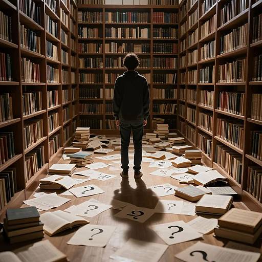 Silhouetted person stands in a dimly lit, narrow bookshelf-lined room, surrounded by scattered books and question mark papers. Photographic image