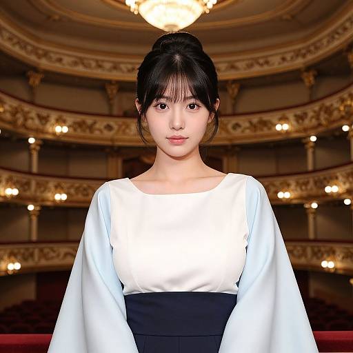 Photograph of an Asian woman with fair skin, black hair in a bun, wearing a white kimono with black obi, standing in an orn