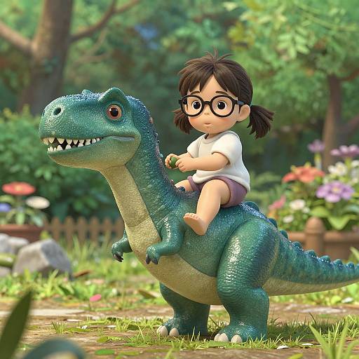 CGI image of a young girl with black pigtails, glasses, and a white shirt riding a blue, textured, friendly-looking dinosaur in a