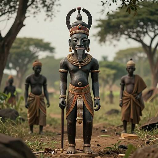 Photograph of a black stone statue of an African deity, adorned with gold jewelry, standing in a forest path with two similar statues in the background.
