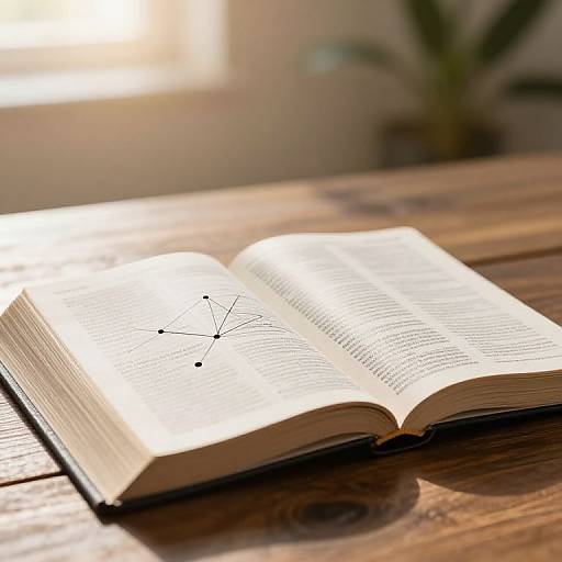 Photograph of an open book with a diagram on a sunlit wooden table, blurred background with a potted plant.