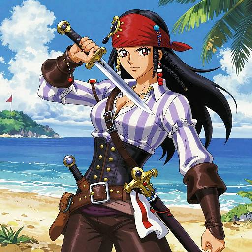 Anime-style digital drawing of a black-haired pirate woman with red bandana, striped shirt, black corset, and dual swords, on a sunny beach