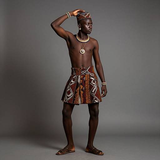 Photograph of a tall, muscular, dark-skinned African man wearing a patterned skirt, headwrap, gold jewelry, and sandals, standing against