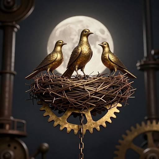 Three golden birds standing in a steampunk-style bird nest with gears, illuminated by a full moon in the background.