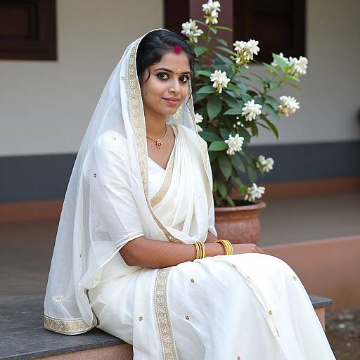 Photograph of an Indian woman with medium brown skin, wearing a white saree with gold trim, veil, and jewelry, seated outdoors with white flowers