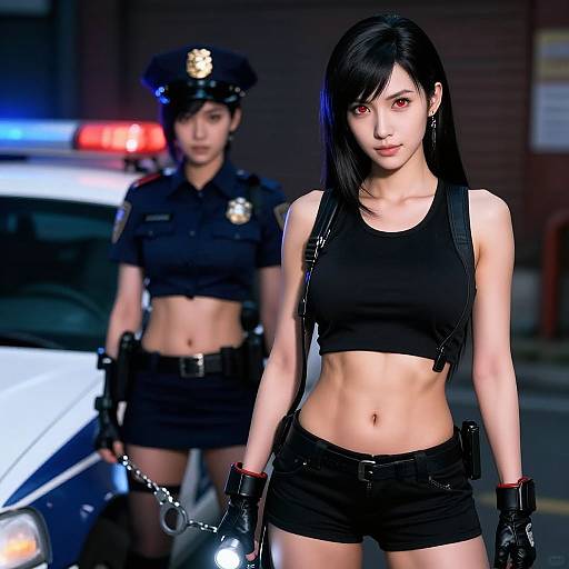 Digital artwork of a black-haired, red-eyed woman in a black crop top and shorts, holding handcuffs, with a police officer in uniform in the