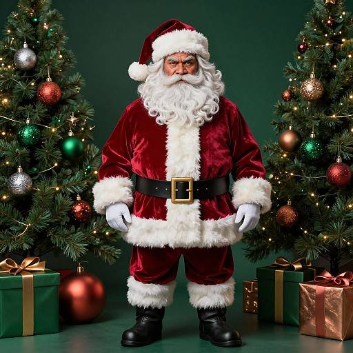 Photograph of a Santa Claus in red velvet suit with white fur trim, black belt, and black boots, standing between two decorated Christmas trees with colorful