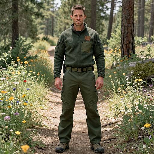 Photograph of a serious, muscular man in green military-style uniform standing on a sunlit forest path surrounded by colorful wildflowers.