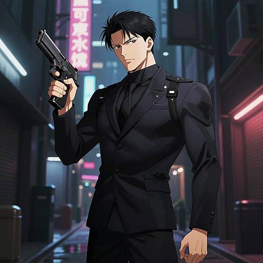 Stealthy Spy in Neon-lit Alley