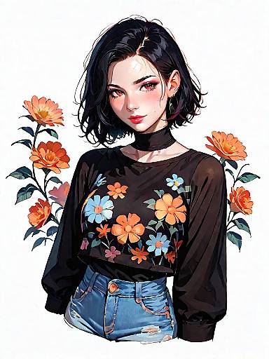 Young Woman in Sheer Floral Top and Denim Shorts