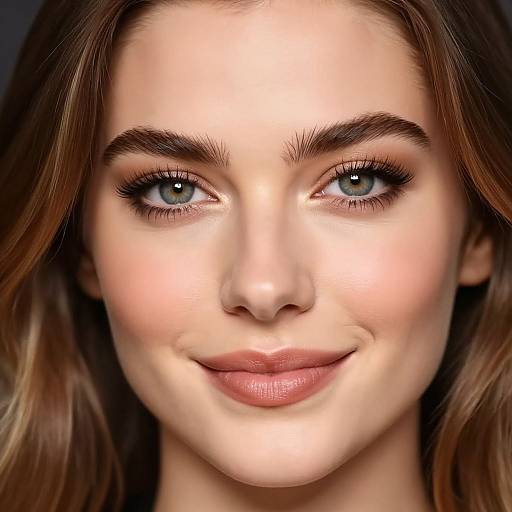 Photorealistic close-up of a young woman with fair skin, blue eyes, full lips, and wavy brown hair, smiling subtly.