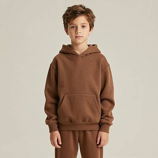 Photograph of a young boy with short brown hair wearing a brown hoodie and matching brown pants, standing against a plain white background.