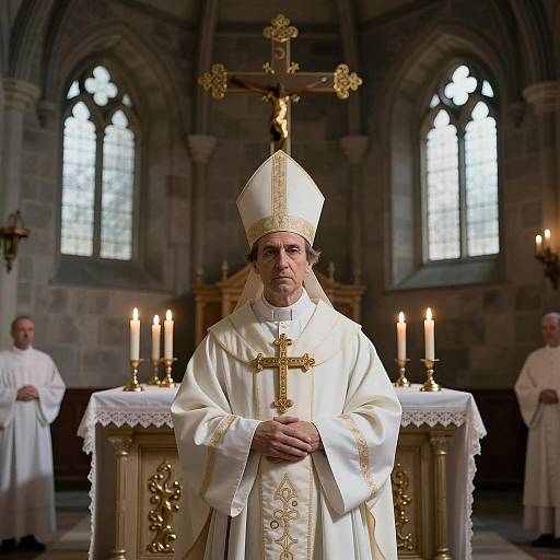 Serious Bishop in Dimly Lit Church