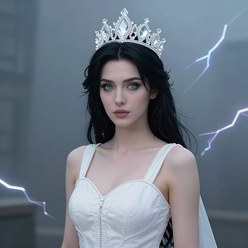 Photograph of a pale-skinned woman with long black hair, wearing a white satin dress and silver crown, surrounded by electric bolts.