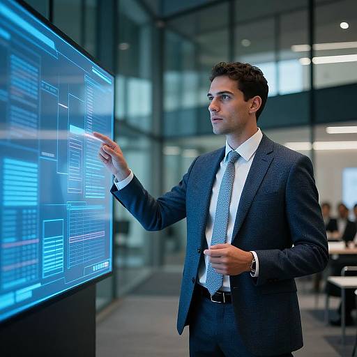 Photograph of a young, fair-skinned man with short dark hair, in a navy suit and tie, interacting with a blue-lit, digital