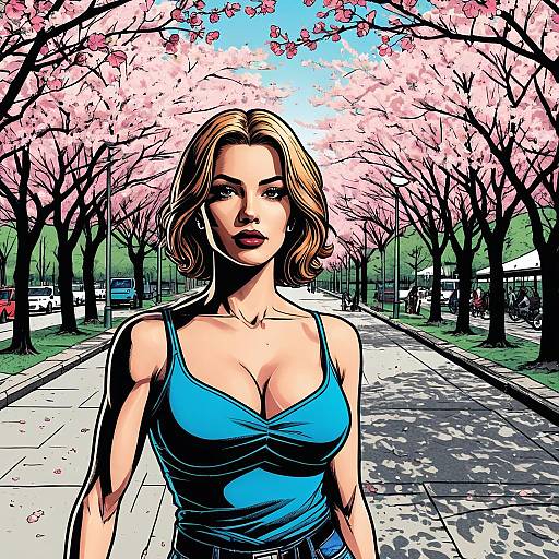 Comic Style Woman in Cherry Blossom City Park