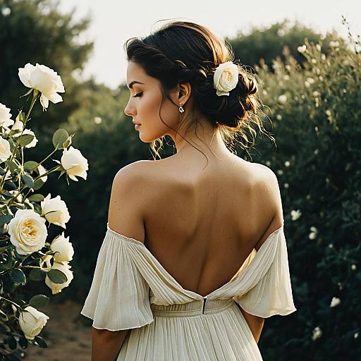Woman in Backless Bohemian Dress with White Roses