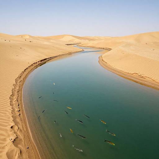 Photograph of a serene desert oasis with a winding, clear water channel lined with golden sand dunes, dotted with small, dark fish swimming.