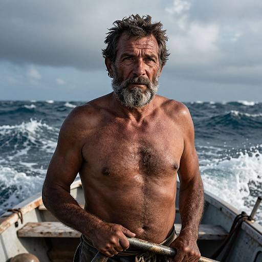 Photograph of a rugged, shirtless, middle-aged man with a grizzled beard, holding a paddle in a small boat on a stormy