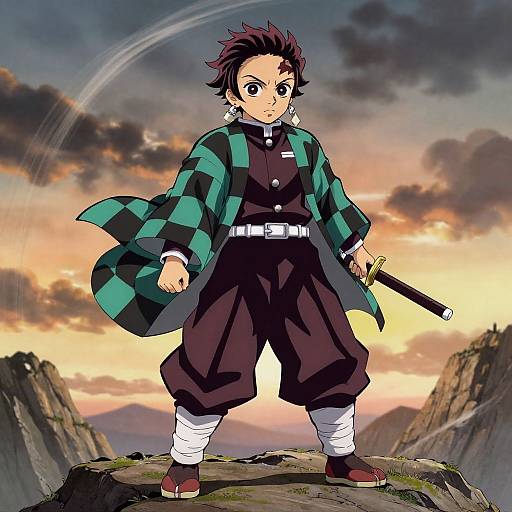 Anime-style drawing of a determined young boy with spiky black hair, wearing a green and black checkered coat, standing on a rocky cliff at sunset