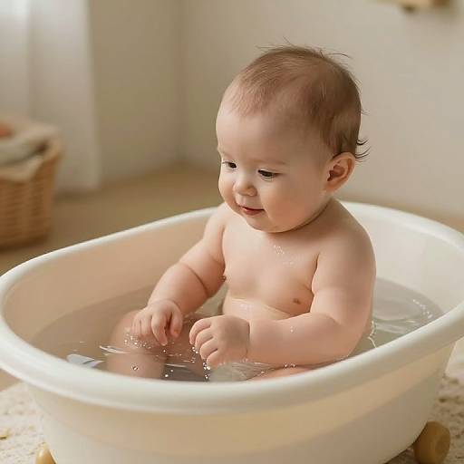 Photograph of a smiling, chubby, fair-skinned baby with light brown hair, sitting in a white, oval bathtub filled with water.
