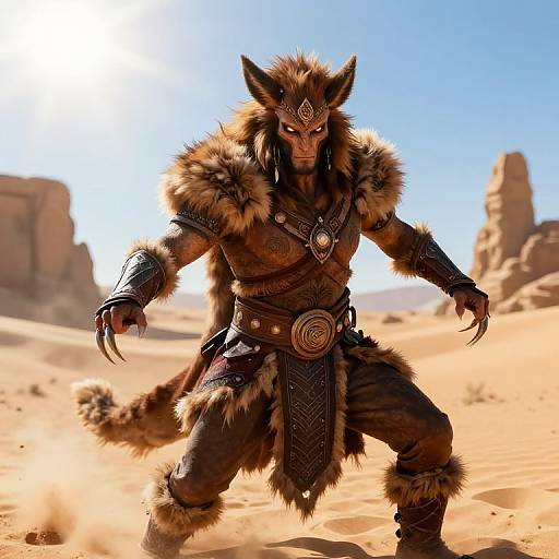 CGI image of a fierce, anthropomorphic wolf warrior in fur-trimmed armor, crouching in a sunlit desert with rocky formations.