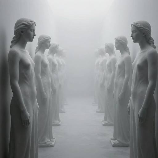 Photograph of a misty gallery featuring a symmetrical row of white, classical-style, nude female statues with serene expressions, standing in a narrow,