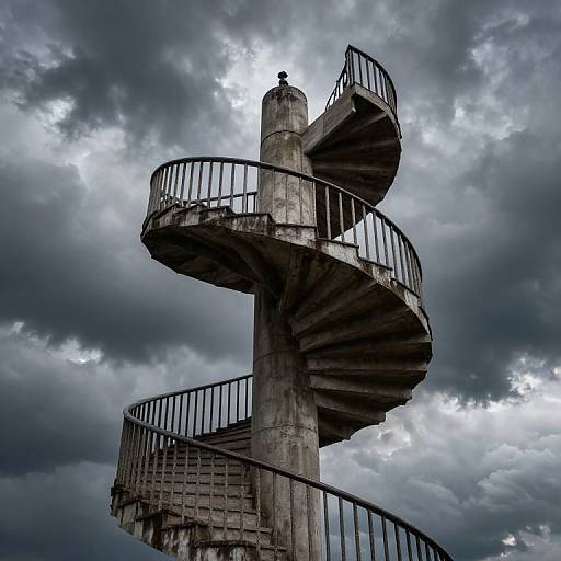 Photograph of a tall, concrete spiral staircase tower against a dramatic, cloudy sky. Dark iron railings contrast with the gray, textured concrete. Moody