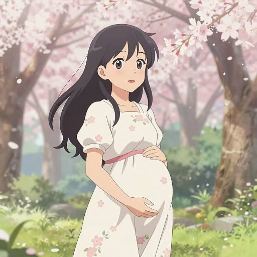Anime-style digital drawing of a pregnant woman with long black hair, wearing a white floral dress, standing in a cherry blossom forest.