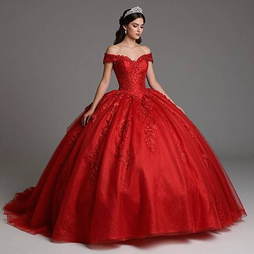 Photograph of a fair-skinned woman in an off-shoulder, red, lace-embellished ball gown with a full skirt, silver