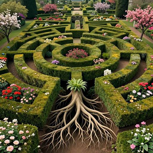 Photograph of a vibrant, intricately designed garden maze with lush green hedges, colorful flowers, and a central plant with exposed roots.