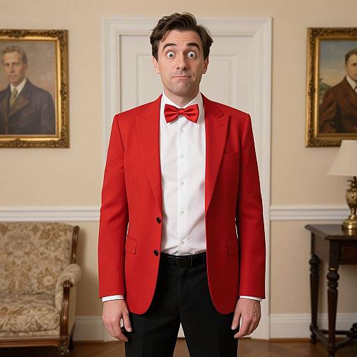 Photograph of a man with wide eyes, wearing a bright red tuxedo, white shirt, and bow tie, standing in a formal room with