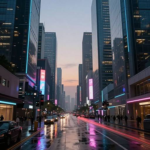 Photograph of a vibrant, neon-lit city street at dusk, with tall skyscrapers reflecting colorful lights on the wet pavement.
