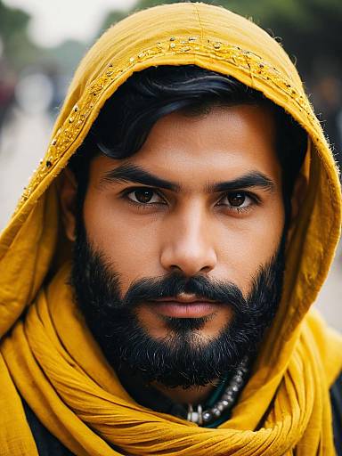 Portrait of Man in Yellow Hooded Scarf