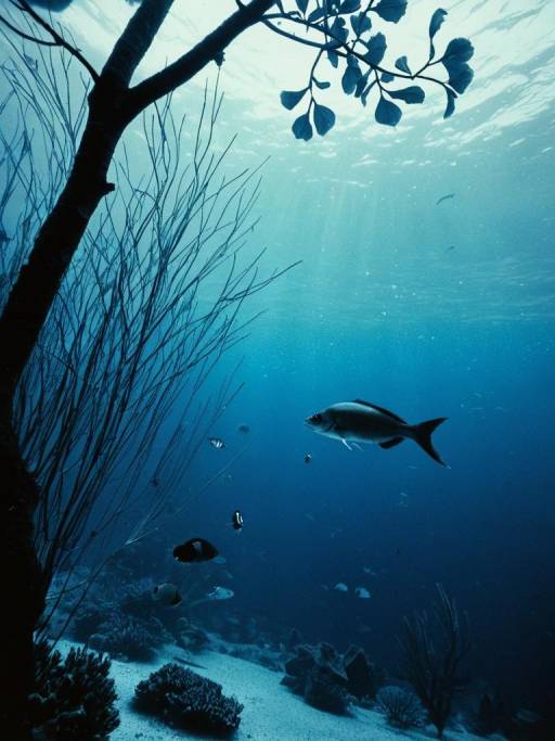 Underwater Blue Scene with Fish and Tree Branches