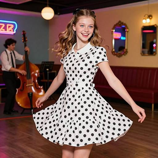 Photograph of a smiling young woman with wavy blonde hair, wearing a white polka dot dress, dancing in a dimly lit jazz club with