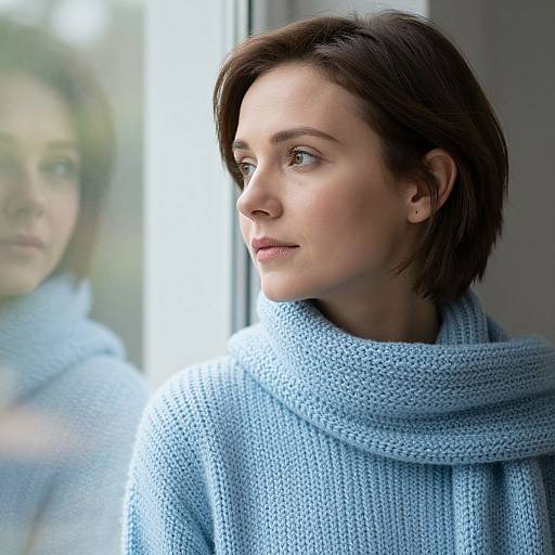 Photograph of a pensive woman with short brown hair, wearing a light blue knitted scarf, standing by a window with soft natural light. Reflection