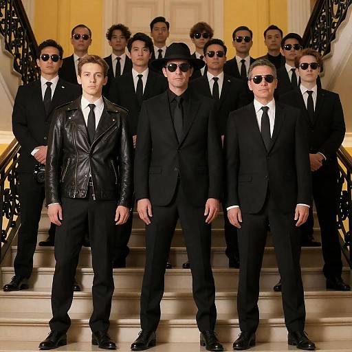 Group in Formal Attire on Staircase