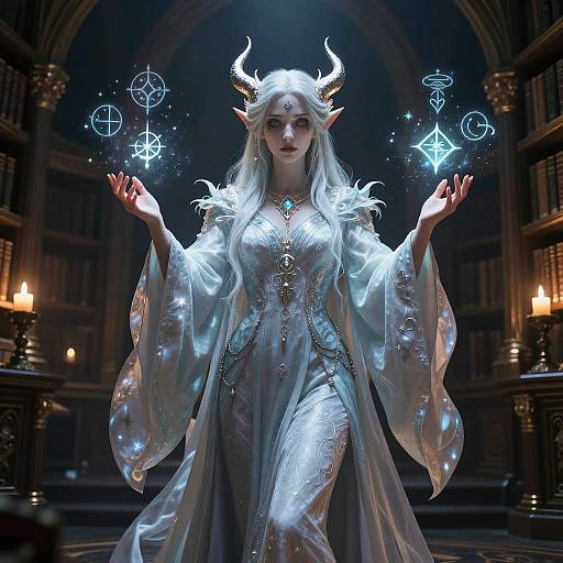 Digital art of a white-haired, horned, ethereal elf woman in a glowing white robe, casting magical symbols in a dark, candlelit library