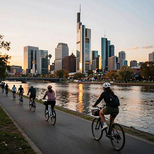 Cyclists on Riverside Path at Sunset in City
