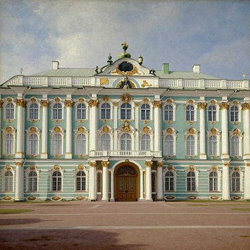 Photograph of a grand, light blue, Baroque-style palace with white columns, gold embellishments, arched windows, and central wooden double doors