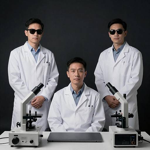 Three Scientists in a Dimly Lit Studio