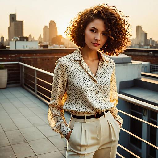 Young Woman with Curly Bob Hairstyle on Rooftop