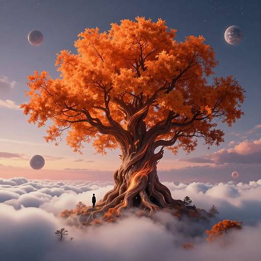Otherworldly Fiery Orange Tree Above Clouds