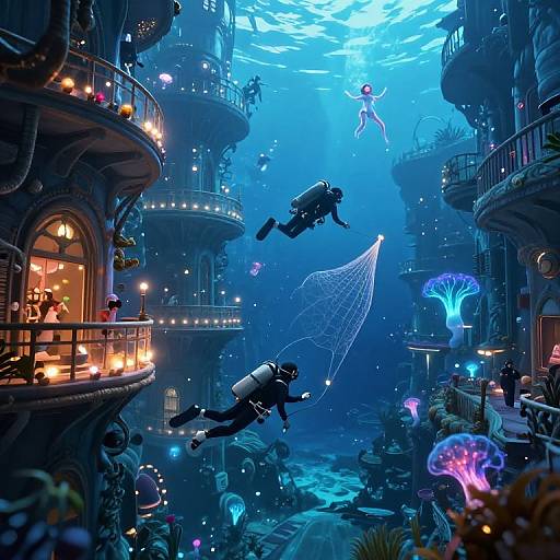 Digital art: Underwater cityscape with bioluminescent jellyfish, two scuba divers, ornate buildings, glowing lights, and a floating