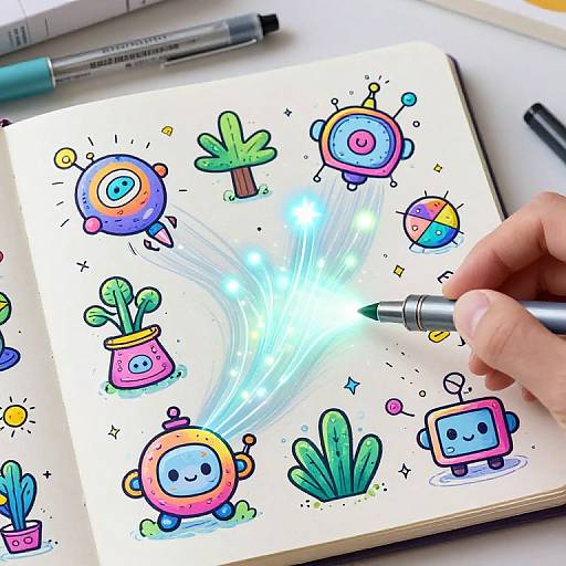 Colorful digital drawing of cute, cartoonish characters with a hand holding a pen illuminating the center, surrounded by plants and gadgets.