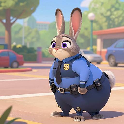 CGI image of a chubby, anthropomorphic gray rabbit in a blue police uniform standing on a sunny street with cars and trees in the background.